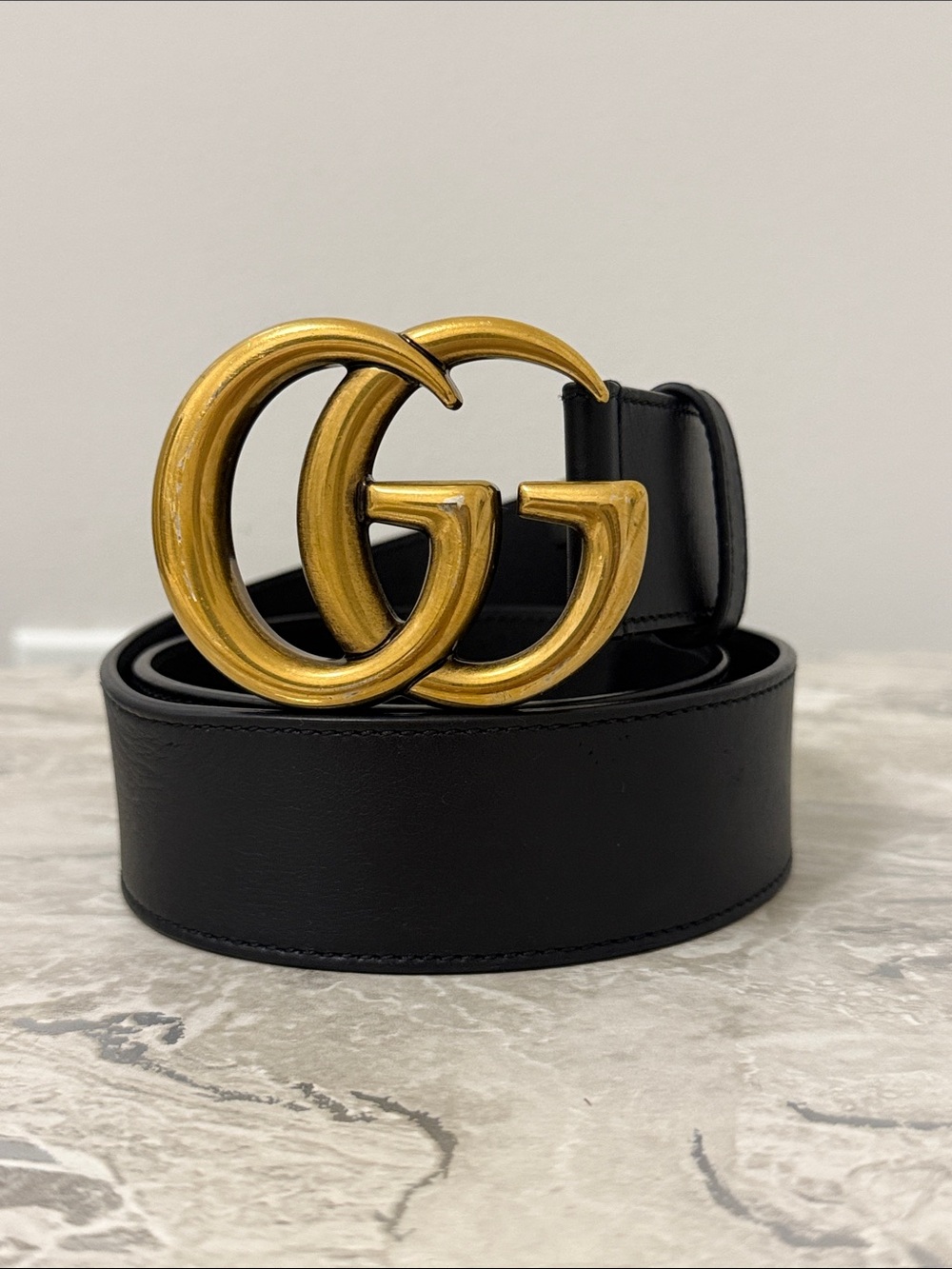 Gucci Black Leather Belt with Aged Gold Interlocking GG Buckle